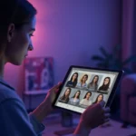 Persona evaluando perfiles de companeras virtuales en tablet con interfaz moderna