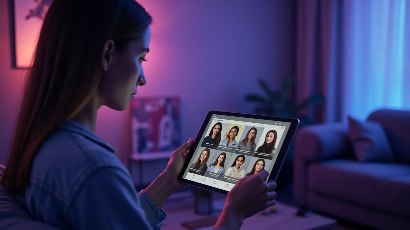 Persona evaluando perfiles de companeras virtuales en tablet con interfaz moderna