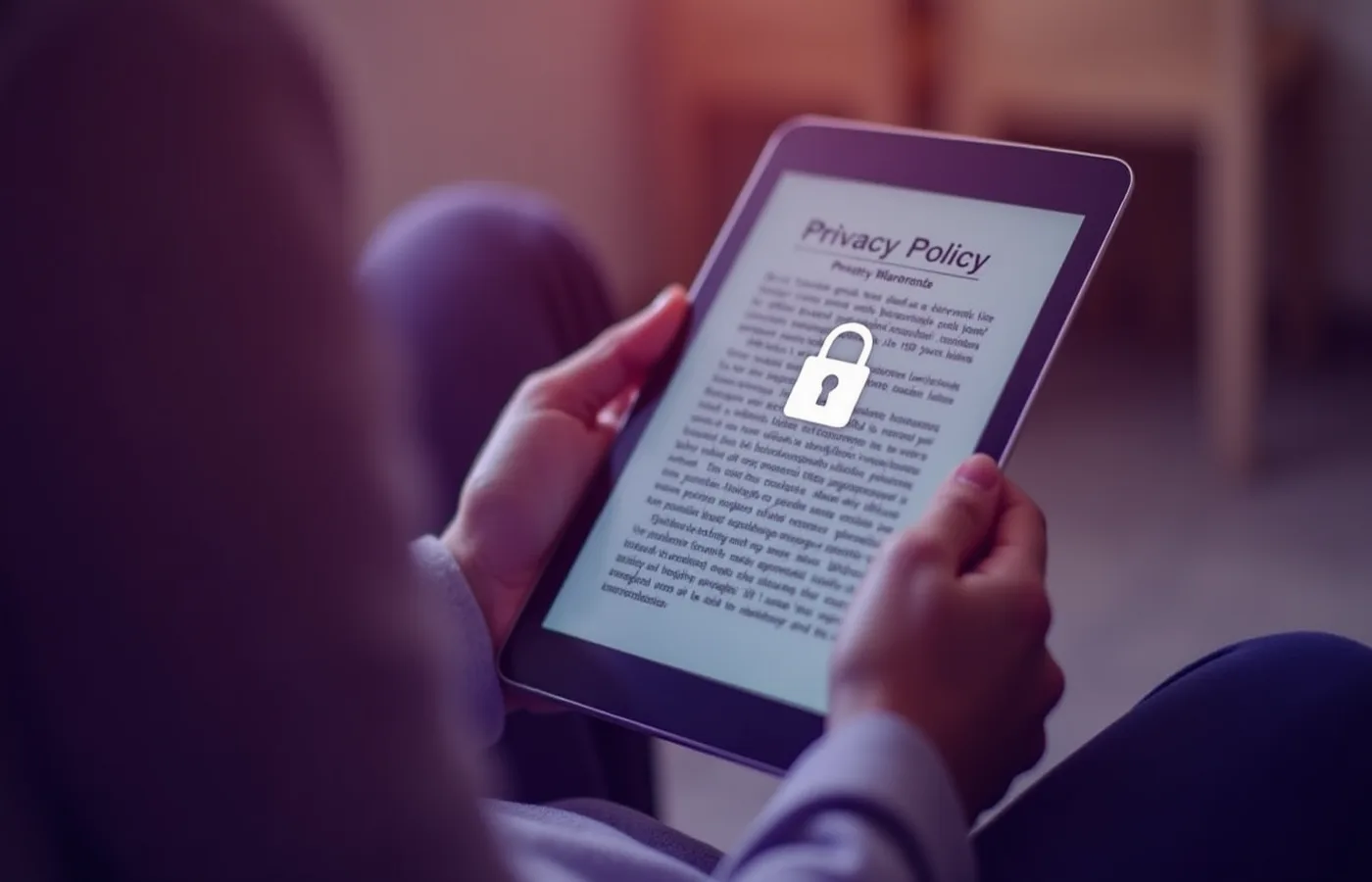 Persona revisando política de privacidad en tablet con icono de candado