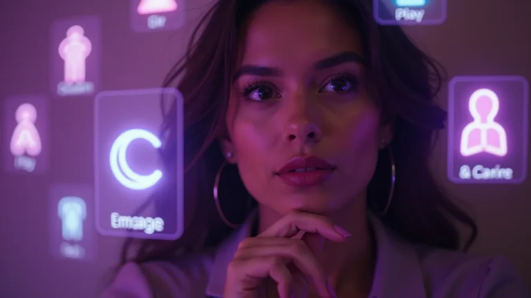 Mujer rodeada de iconos que representan diferentes rasgos de personalidad