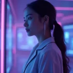 Escena futurista de mujer elegante con displays holograficos de compania digital avanzada