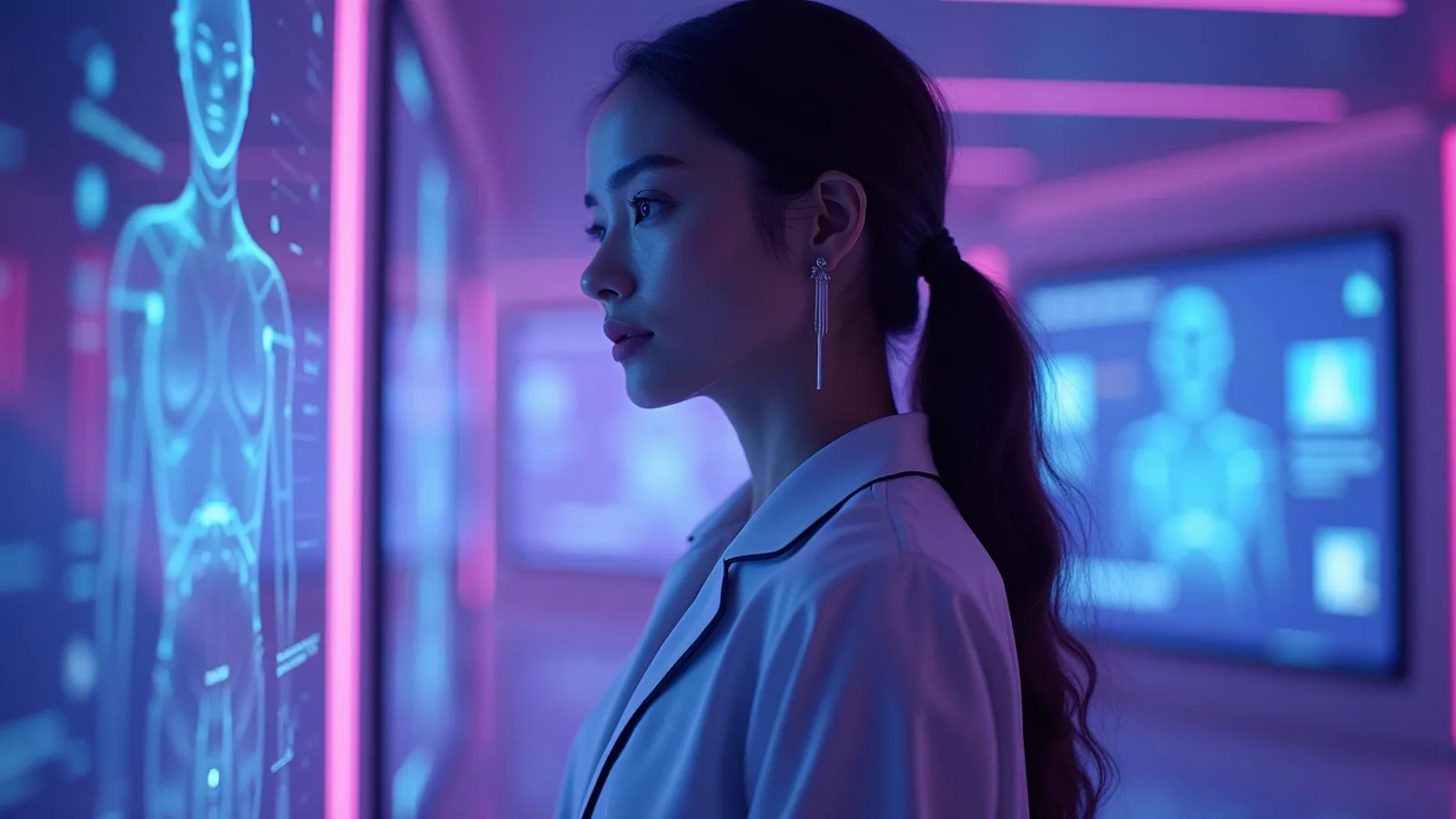Escena futurista de mujer elegante con displays holograficos de compania digital avanzada