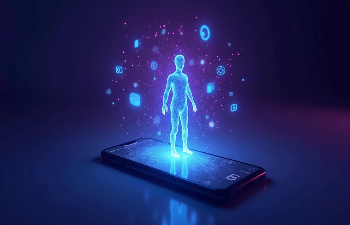 Personaje holográfico de IA emergiendo de smartphone con elementos narrativos