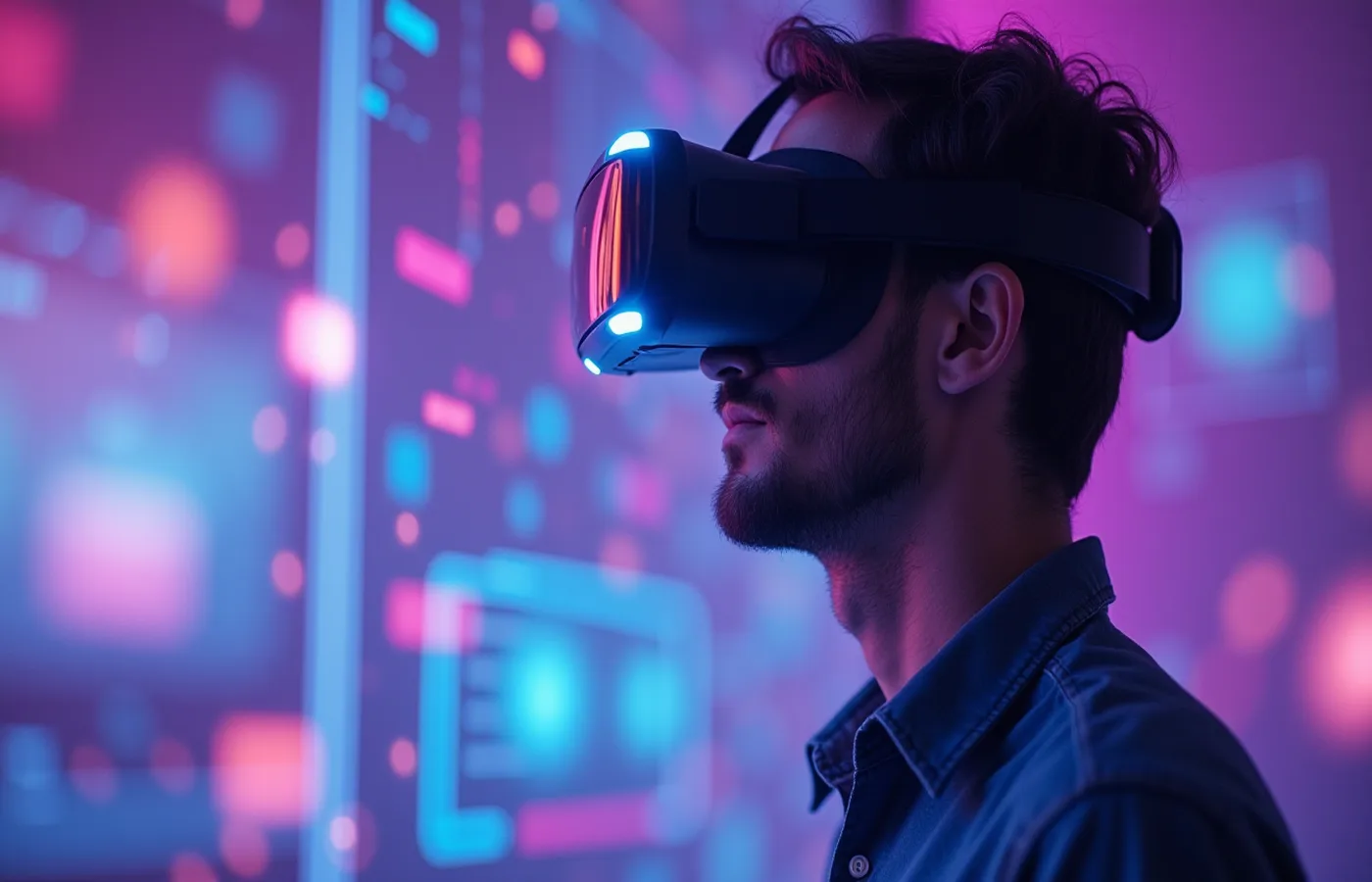 Persona con auriculares VR inmersa en entorno digital interactivo
