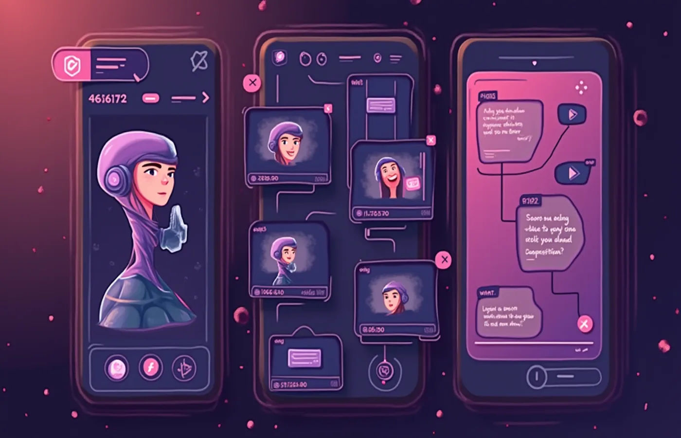 Interfaz de chat futurista con expresiones emocionales de IA
