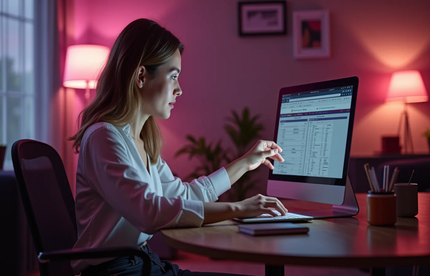 Mujer comparando diferentes plataformas de novias virtuales en una laptop moderna