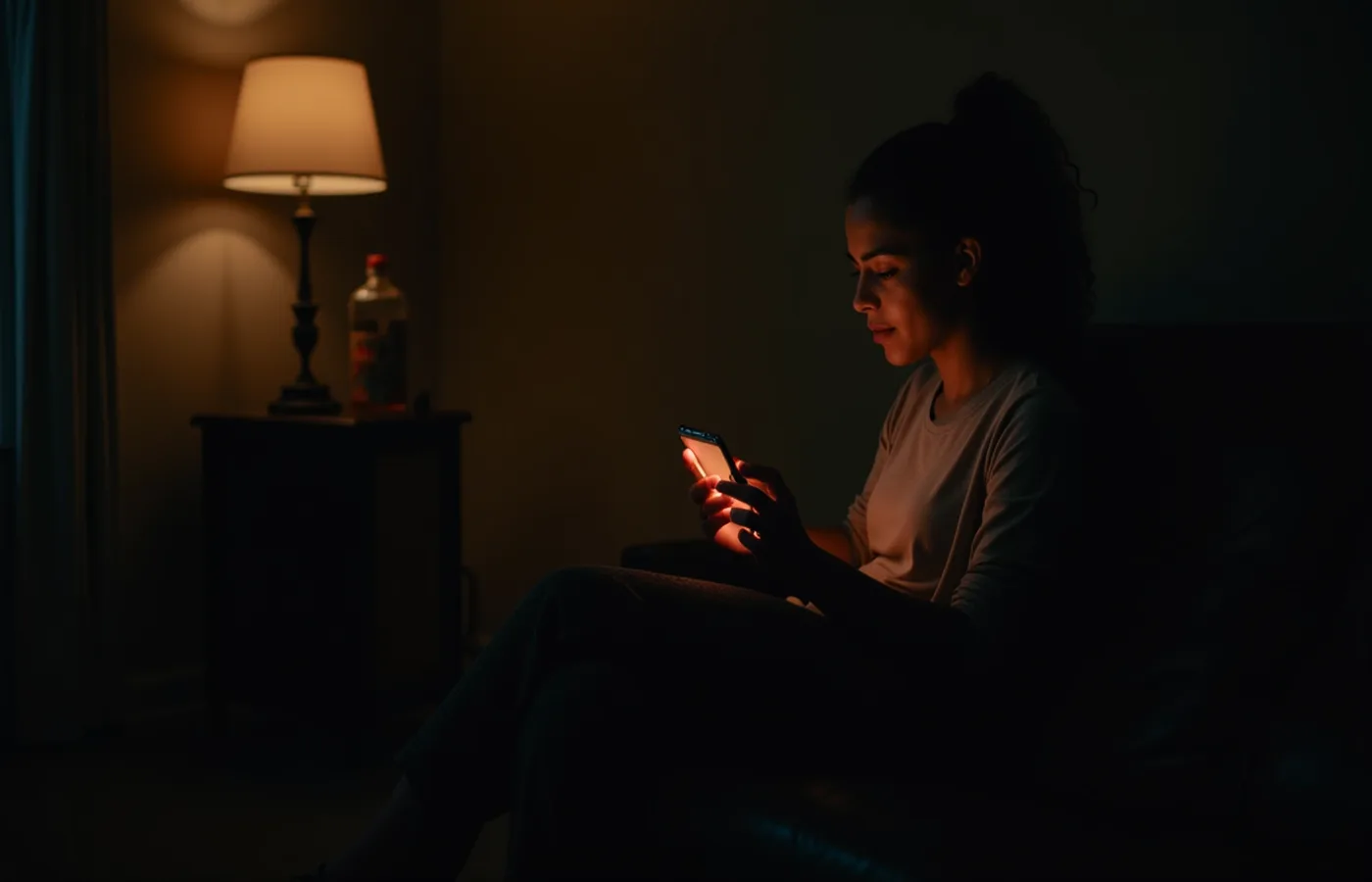 Persona en soledad con cálida luz de smartphone en habitación