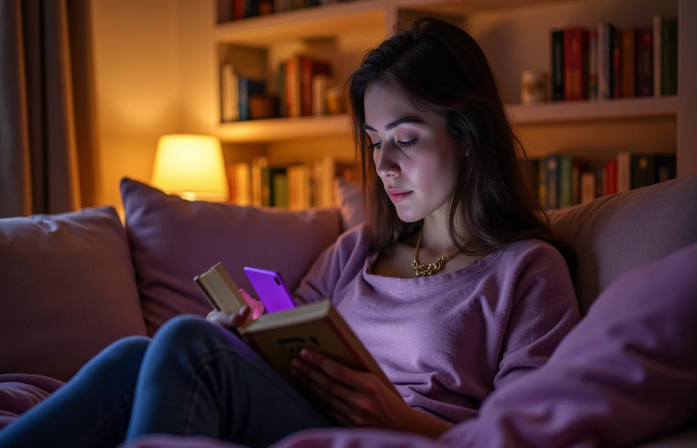 Persona en rincón acogedor con libros y smartphone, estilo de vida equilibrado