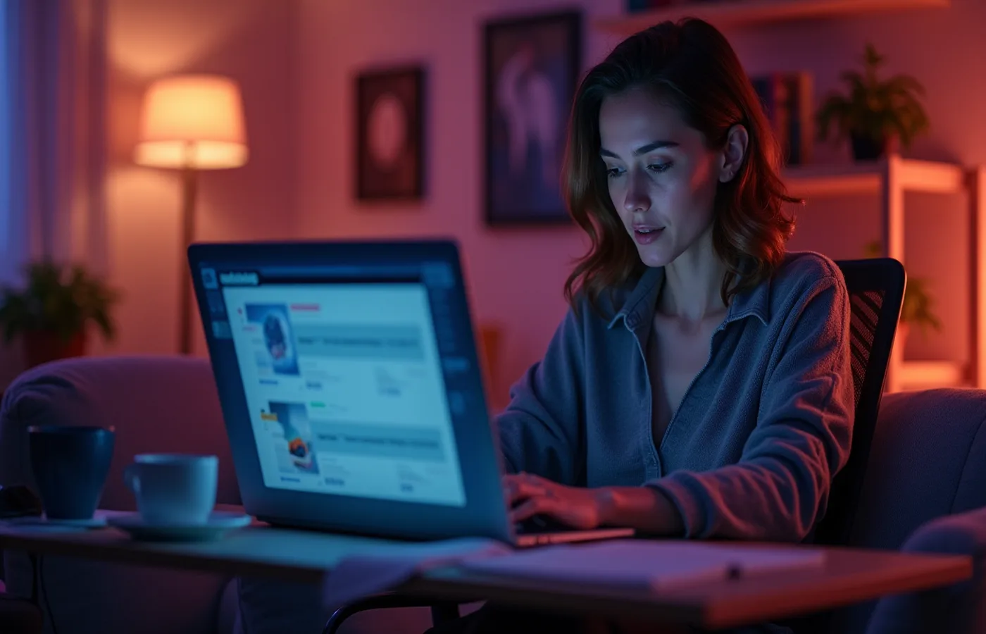 Mujer comparando suscripciones en laptop moderna