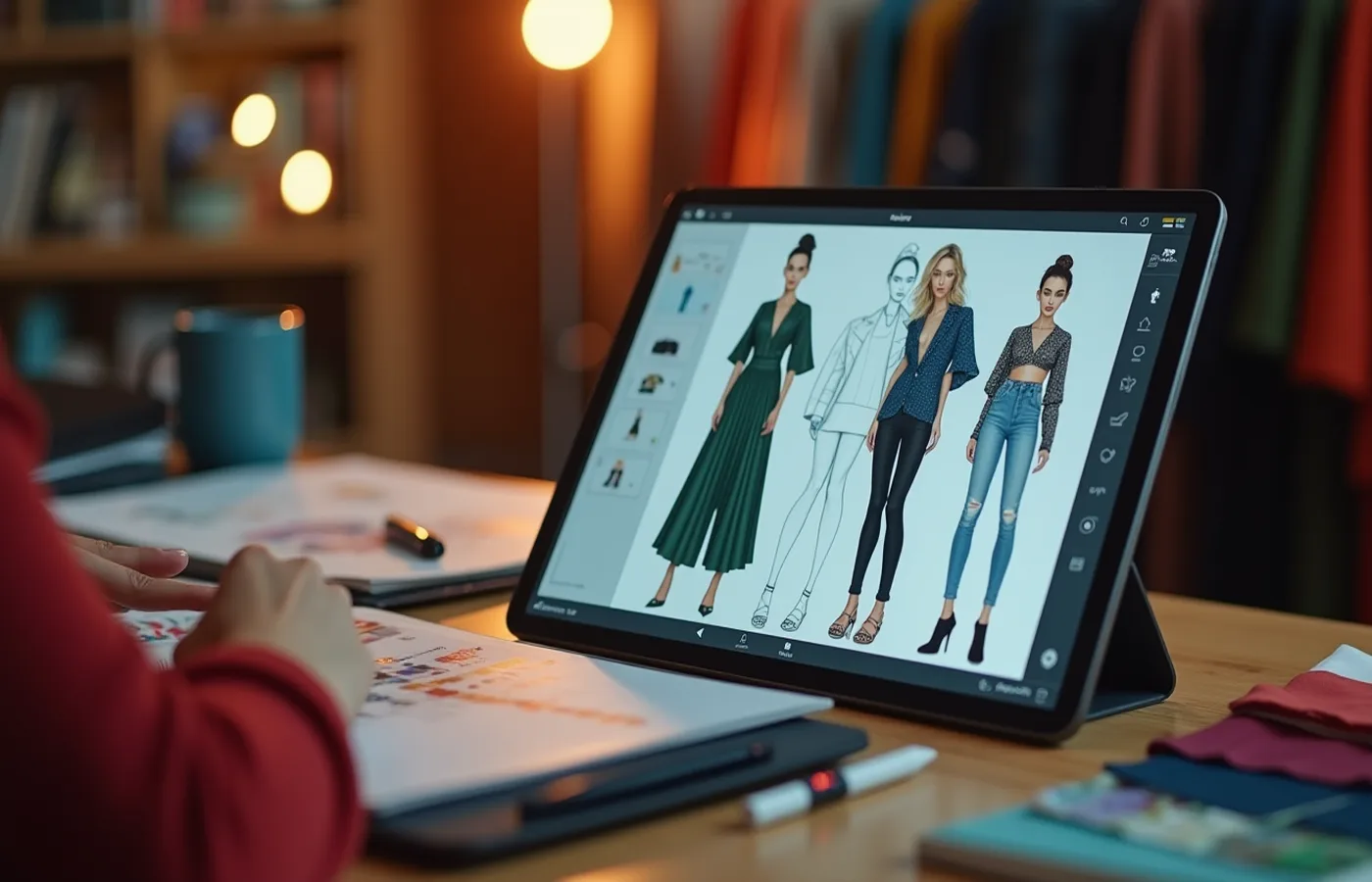 Espacio de diseño de moda con tablet mostrando opciones de outfits generados por IA