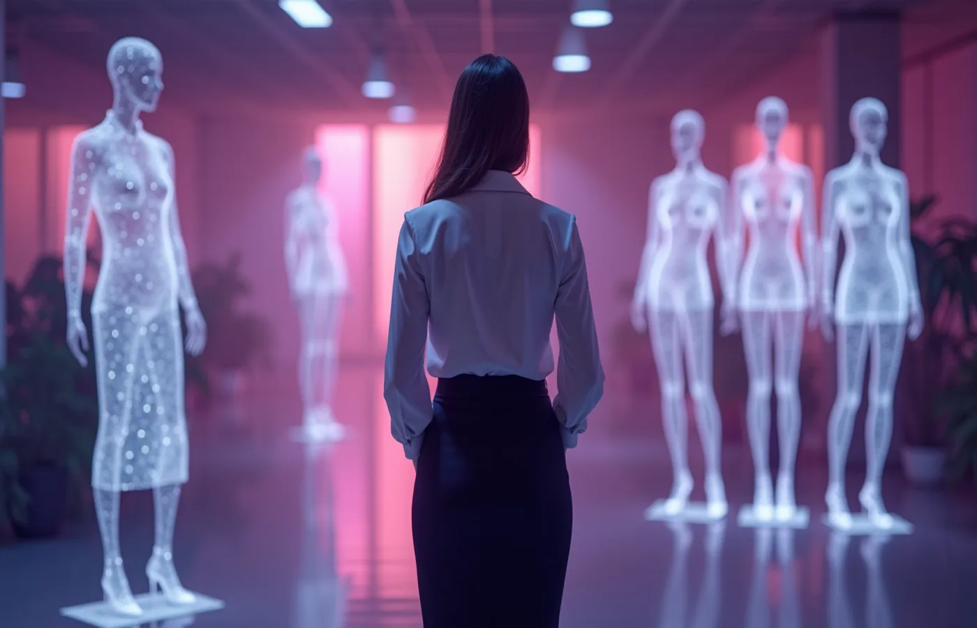 Mujer con atuendo profesional rodeada de opciones de vestuario holográfico