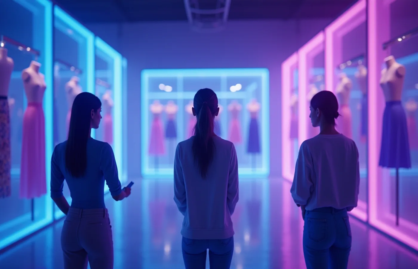 Probador virtual futurista con espejos holográficos mostrando diferentes outfits