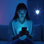 Mujer usando chat de IA en entorno moderno con simbolos de seguridad digital