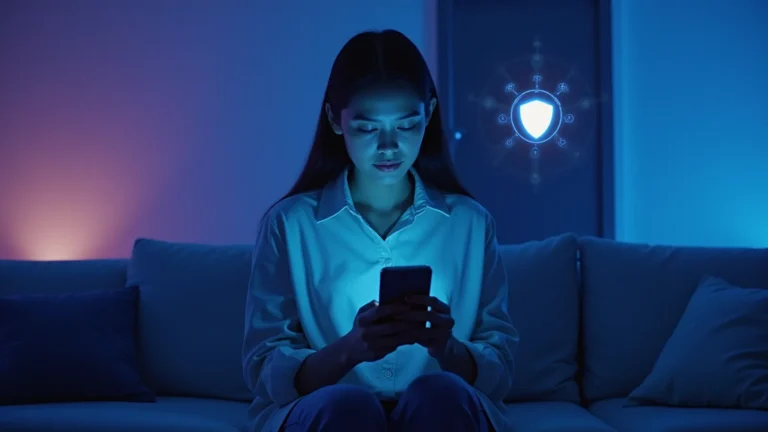 Mujer usando chat de IA en entorno moderno con simbolos de seguridad digital
