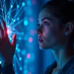 Mujer interactuando con visualizacion de red neuronal e inteligencia artificial