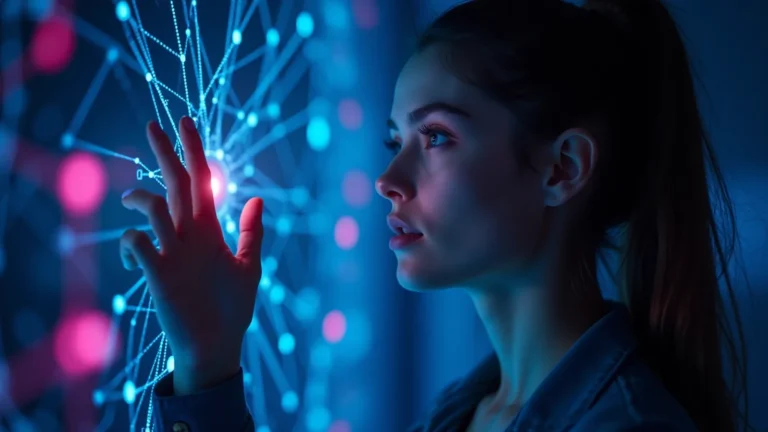 Mujer interactuando con visualizacion de red neuronal e inteligencia artificial
