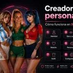 Creador de personajes IA de NoviasVirtuales: tres modelos generadas con IA junto al esquema visual de los nueve pasos, de identidad a crear personaje