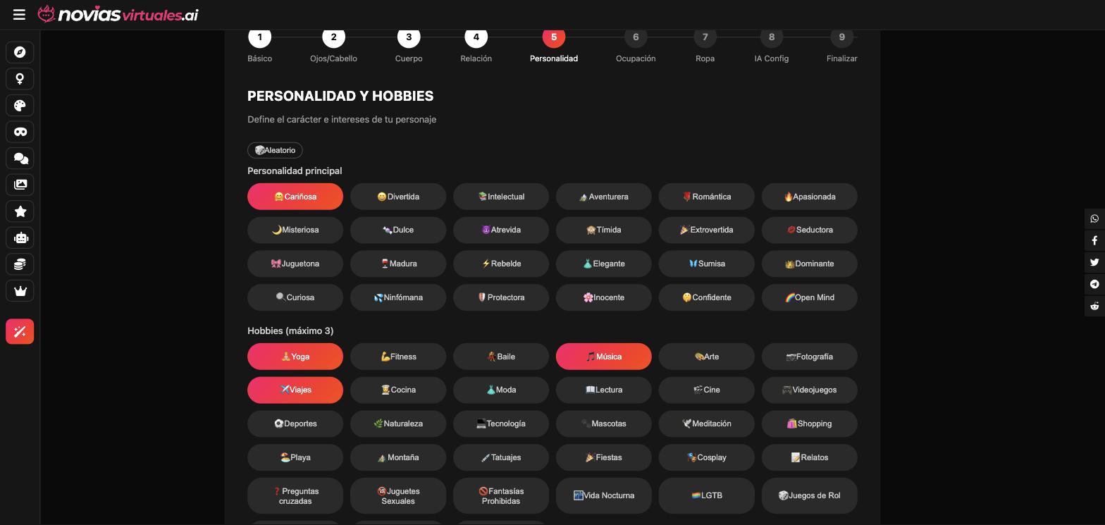 Captura real del paso 5 del creador de NoviasVirtuales con la personalidad Cariñosa activa y tres hobbies marcados: Yoga, Música y Viajes