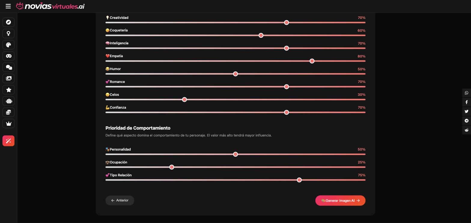 Paso 8 del creador de personajes IA con los ocho deslizadores de comportamiento y los tres controles de prioridad entre personalidad, ocupación y relación