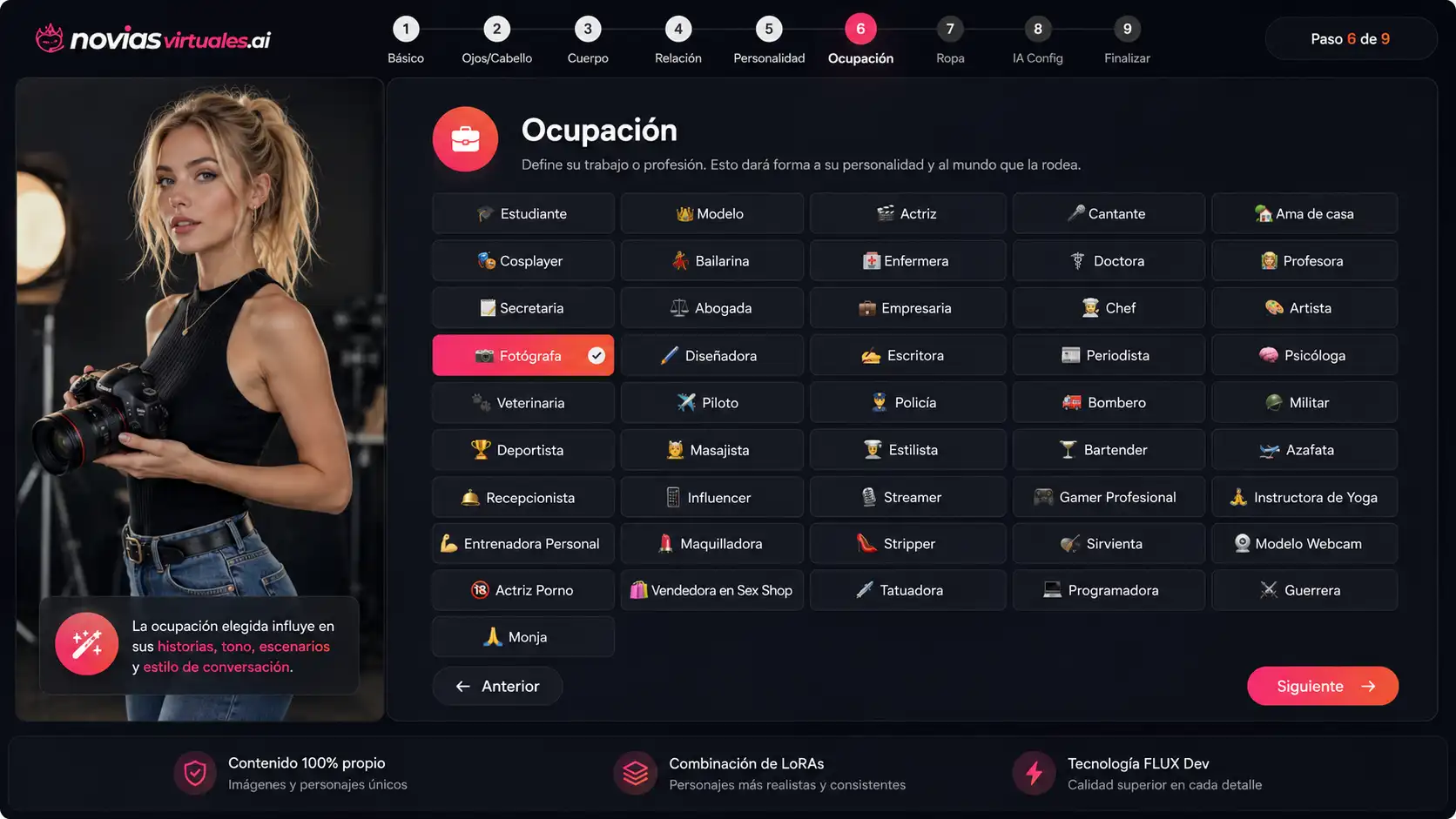Paso 6 del creador de personajes IA con el listado completo de ocupaciones y Fotógrafa seleccionada