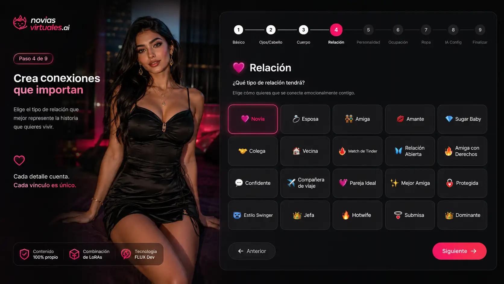 Paso 4 del creador de personajes IA con la cuadrícula de tipos de relación y la opción Novia seleccionada