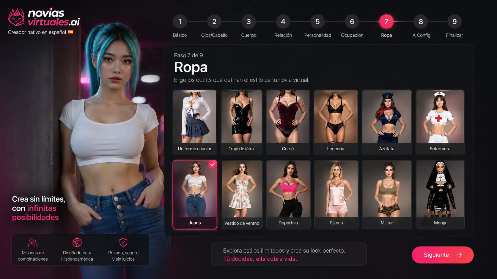 Paso 7 del creador de personajes IA con el catálogo visual de outfits y el estilo Jeans seleccionado