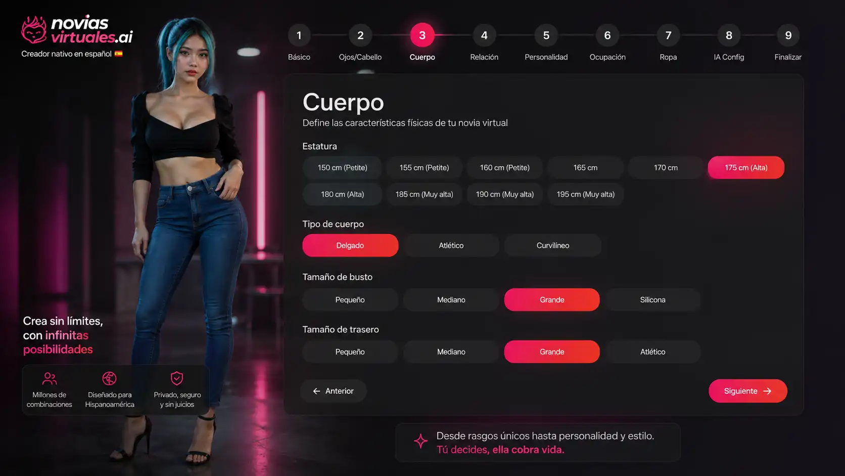 Paso 3 del creador de personajes IA con la estatura de 175 cm y el tipo de cuerpo delgado seleccionados junto a los parámetros de proporción