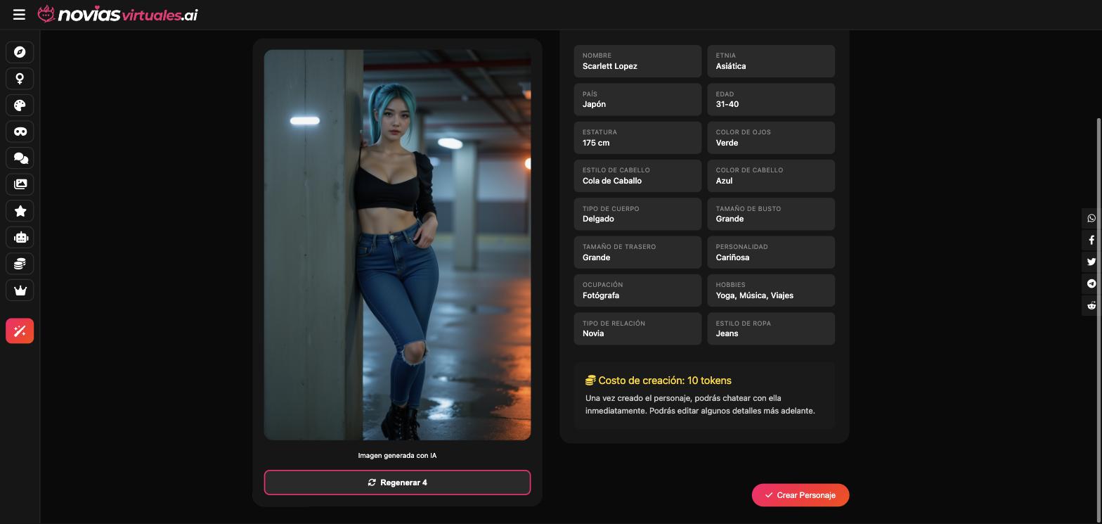 Ficha final con la novia virtual generada en vaqueros, el resumen de atributos y el coste de creación en tokens