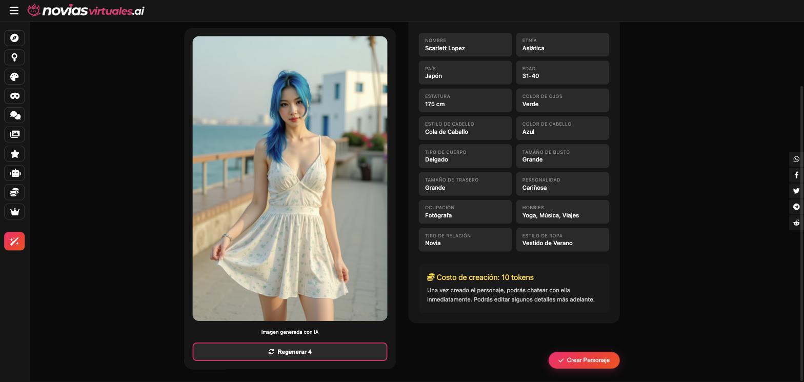 Misma ficha final con la novia virtual generada con vestido de verano en un paseo exterior con luz natural